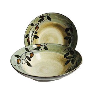 Set Of 4 Praltzgraf Rustic Leaves Soup/Salad Bowls  Stoneware Green & Brown Desi